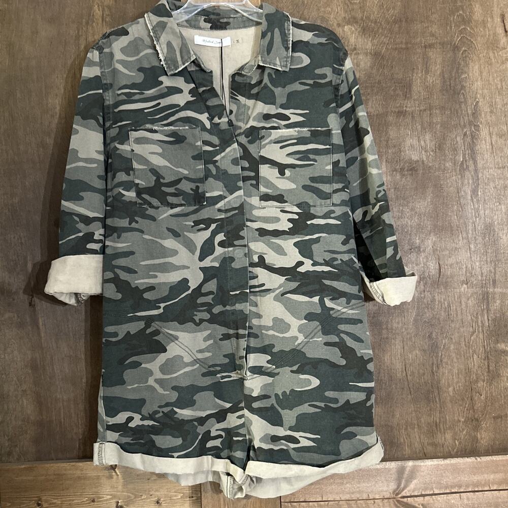 Mustard Seed Camo Rolled Tab Sleeve ROMPER Shorts SIZE L Cotton NWT